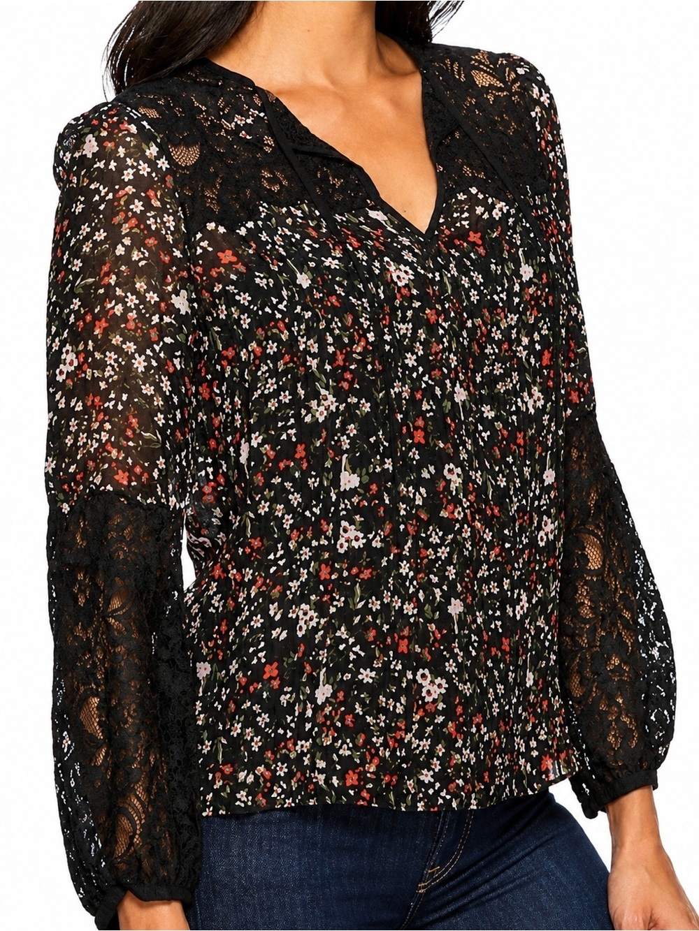 Rebecca Taylor Lyra black lace floral silk top, size 6